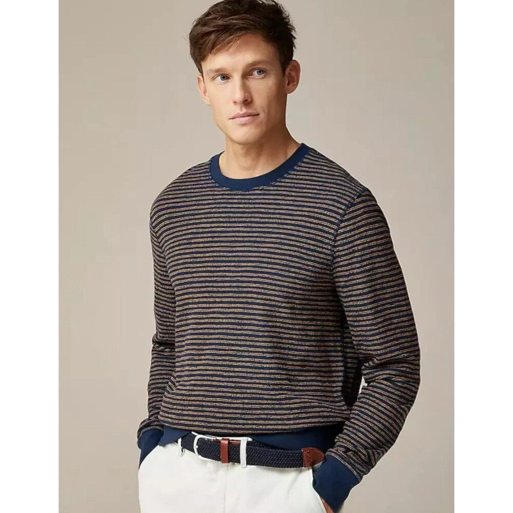 J.Crew Long-Sleeve Textured Sweater-Tee in‎ Navy Gold Stripe US Men's Medium M